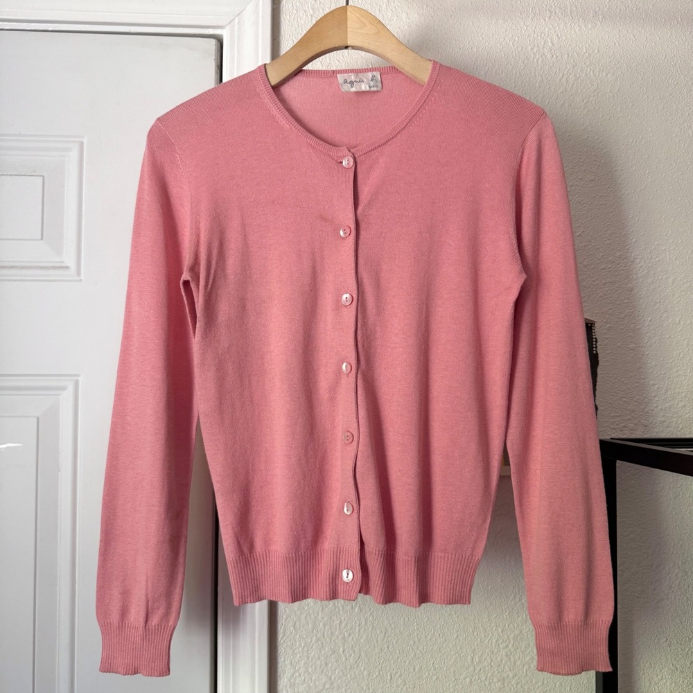 AGNES B. pink vintage knit button up long sleeve cropped cardigan sweater